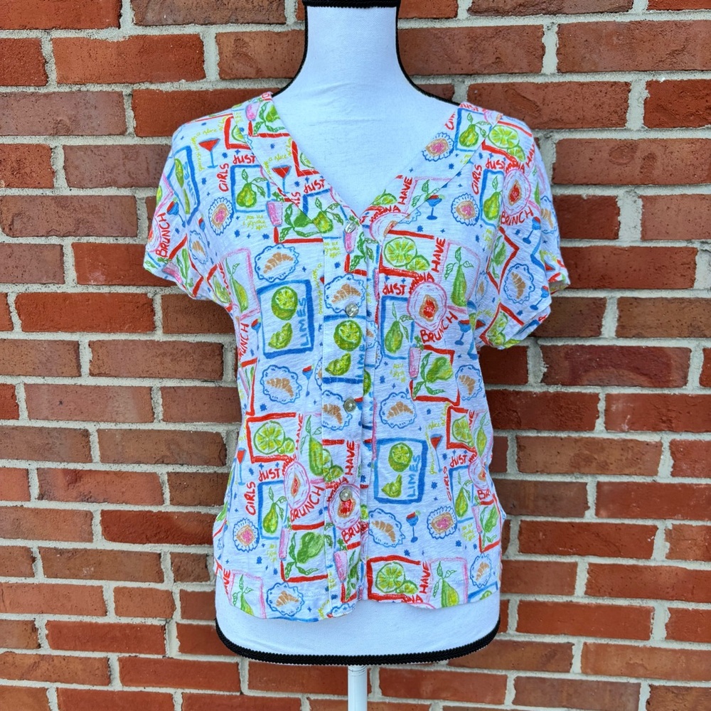 Cynthia Rowley Girls Just Wanna Have Brunch V Neck Button Up Linen Top Medium